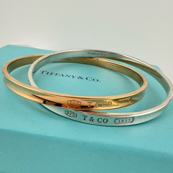 RARE Tiffany & Co. 18k Rose Gold & Silver Interlocking 1837 Bangles Bracelet - Picture 1 of 8